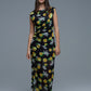 Black Tulle Maxi Dress With Side Rouching in Yellow Lemon Print