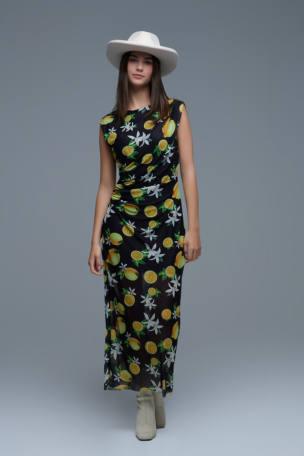 Black Tulle Maxi Dress With Side Rouching in Yellow Lemon Print