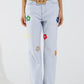 Q2 Bleached Relaxed Jeans With Multicolor Floral Design