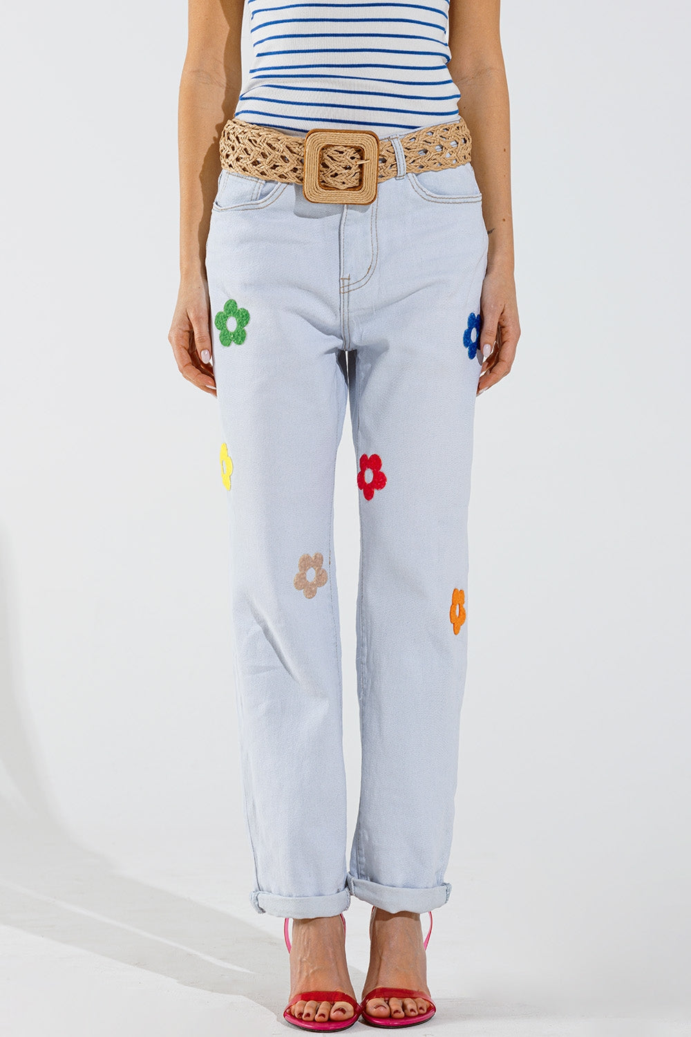 Q2 Bleached Relaxed Jeans With Multicolor Floral Design