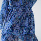 Blue Abstract Print Short Dress With Adjustable Waist