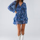 Blue Abstract Print Short Dress With Adjustable Waist