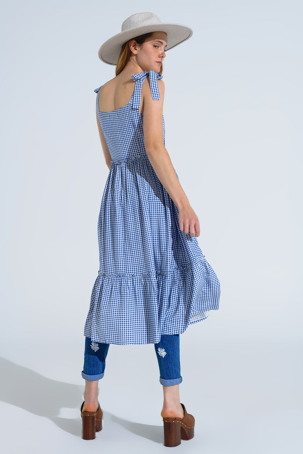 Blue and White Gingham A-line Dress With Adjustable Straps