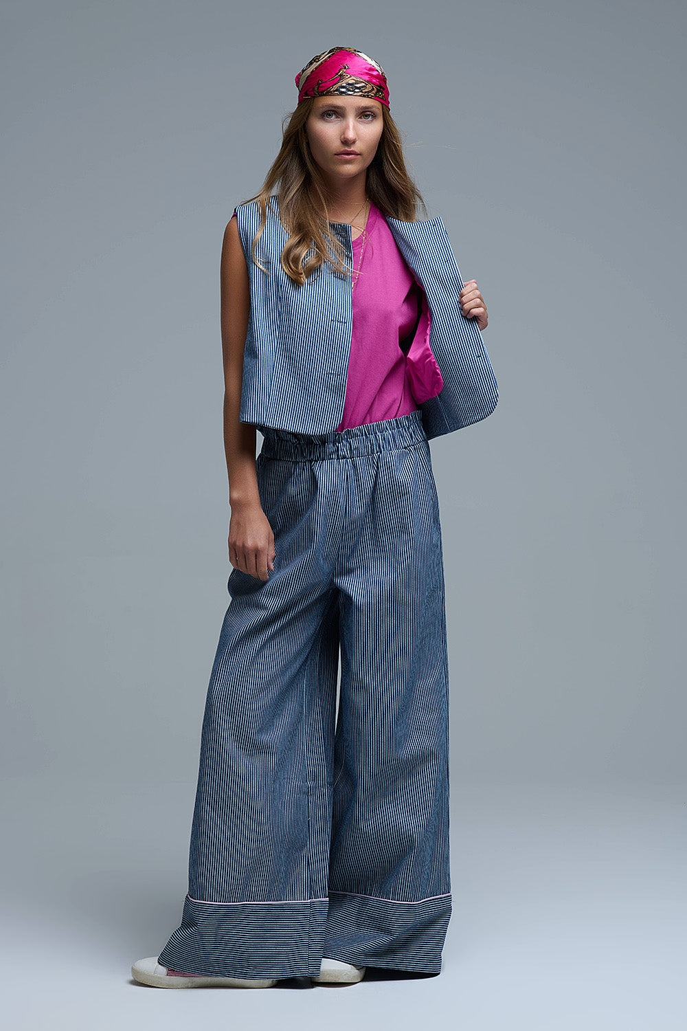 Blue and White Striped Crew Neck Vest