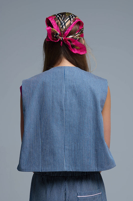 Blue and White Striped Crew Neck Vest