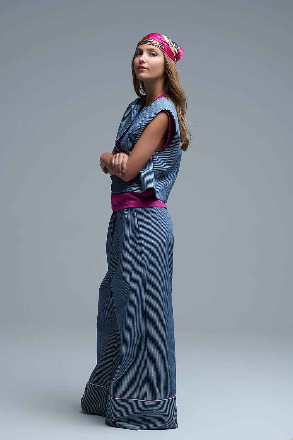 Blue and White Striped Crew Neck Vest