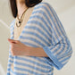 Blue Boho Style Cardigan With Stripes Pointelle Knit and Fringe Details