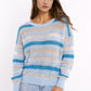 Q2 Blue knit sweater with blue and White stripes