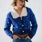 Q2 blue leopard print cardigan made of knitted fabric with wool