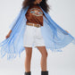 blue Open Cardigan With Fringe Ends and 3/4 sleeves