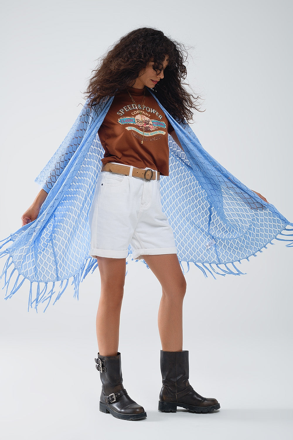 blue Open Cardigan With Fringe Ends and 3/4 sleeves