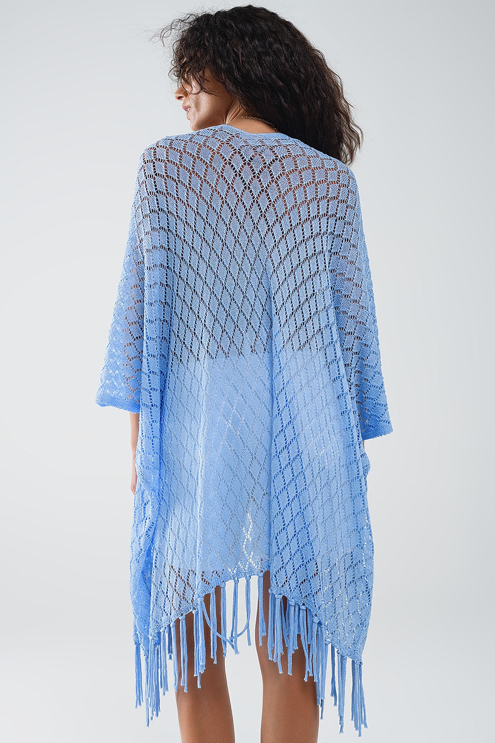 blue Open Cardigan With Fringe Ends and 3/4 sleeves