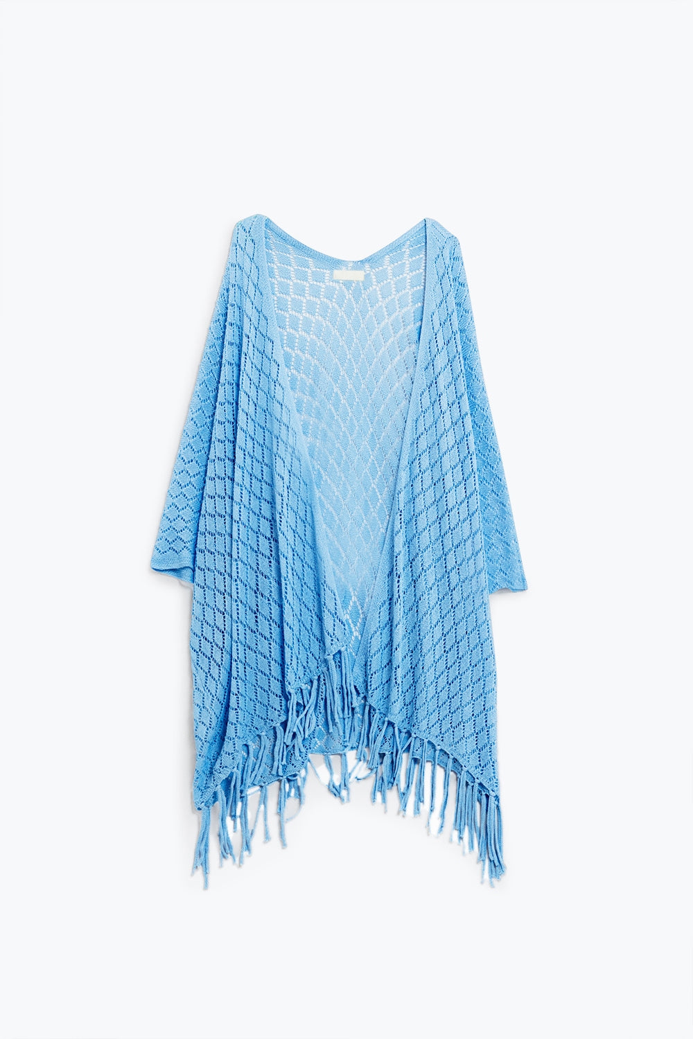 blue Open Cardigan With Fringe Ends and 3/4 sleeves