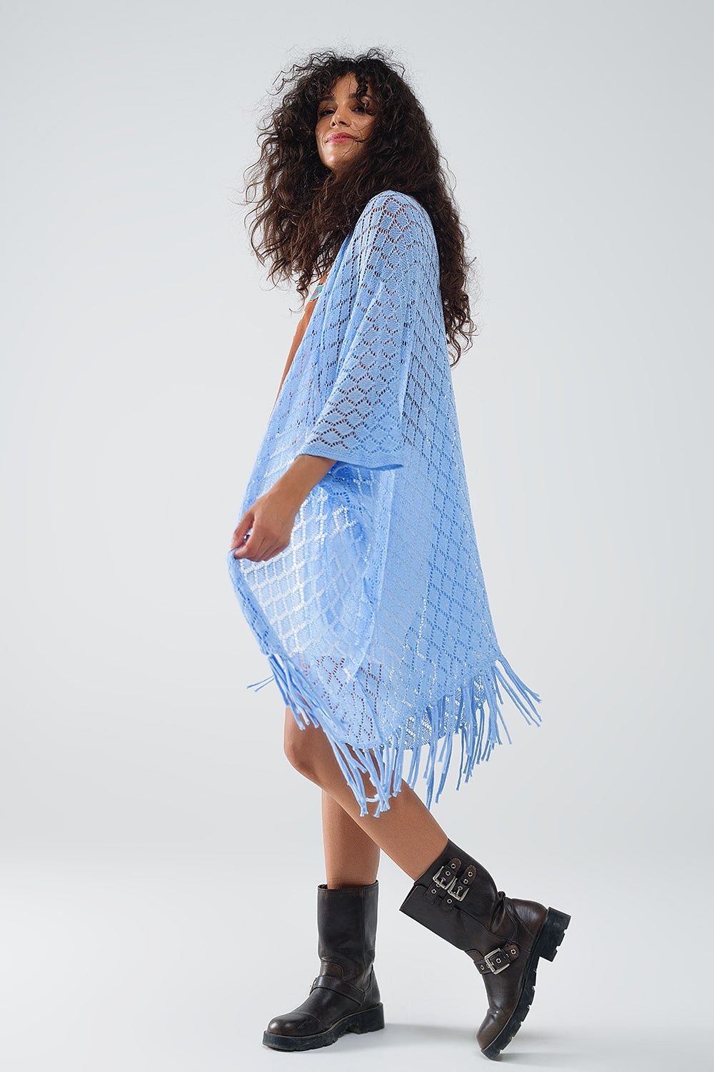 blue Open Cardigan With Fringe Ends and 3/4 sleeves