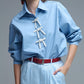 Blue Oversized Poplin Shirt With White Beaded Bow Buttons