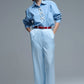 Blue Oversized Poplin Shirt With White Beaded Bow Buttons