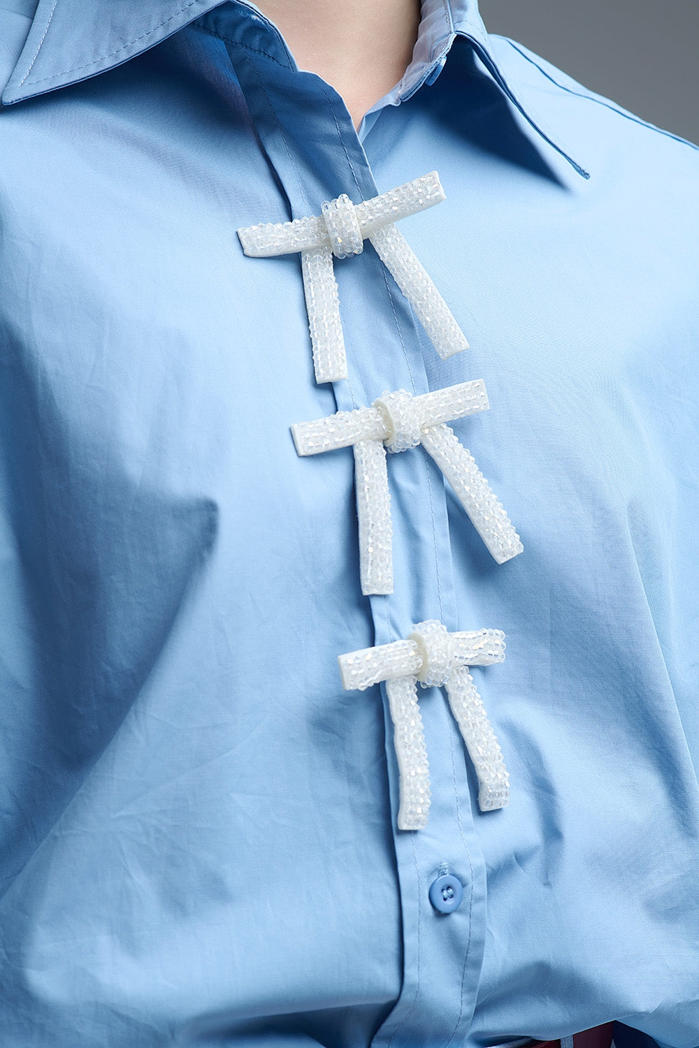 Blue Oversized Poplin Shirt With White Beaded Bow Buttons