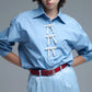 Blue Oversized Poplin Shirt With White Beaded Bow Buttons