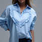 Q2 Blue Relaxed Striped Shirt With Heart Seam Detail