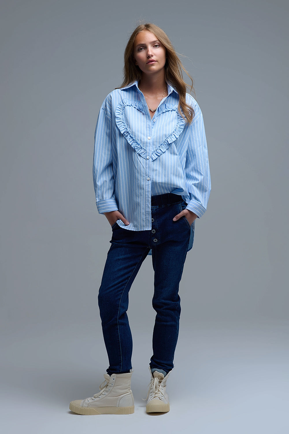 Blue Relaxed Striped Shirt With Heart Seam Detail
