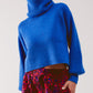 Q2 Blue ribbed knit turtleneck jumper with balloon sleeves