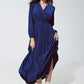 Q2 Blue shiny fitted high waist maxi dress with V neck