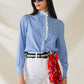 Q2 Blue Shirt With Vertical White stripes With Lace Detail