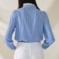 Blue Shirt With Vertical White stripes With Lace Detail