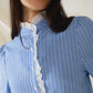 Blue Shirt With Vertical White stripes With Lace Detail