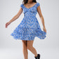 Q2 Blue Short dress With White Floral Print And Elastic Waist