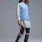 Blue sleeveless sweater with gold buttons on side