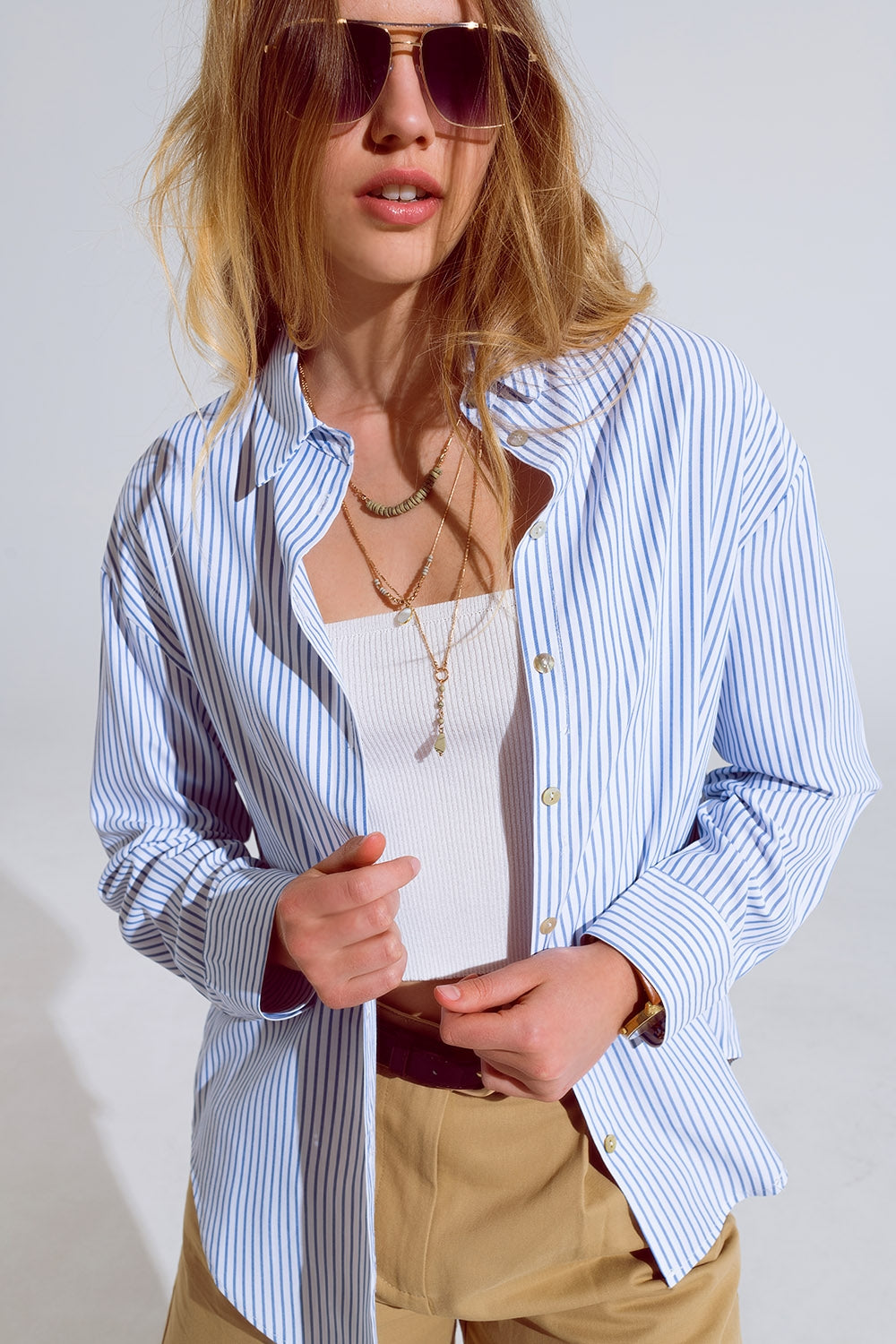 Q2 Blue Striped Button Up Blouse