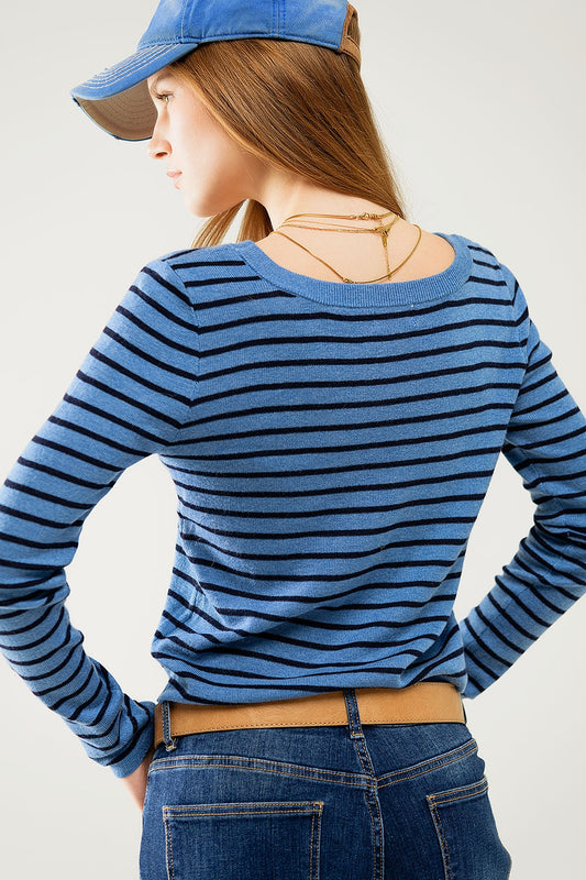 Blue striped fine knit sweater with boat neck