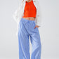 Blue Striped Pants with Elastic Waist and Pockets