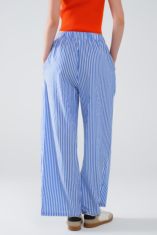 Blue Striped Pants with Elastic Waist and Pockets