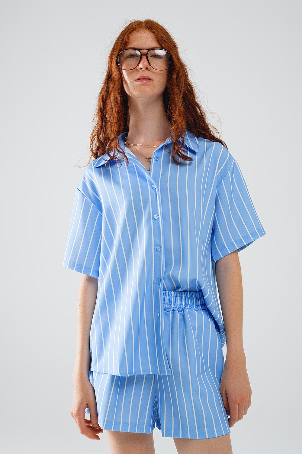 Q2 Blue Striped Short-Sleeved Shirt