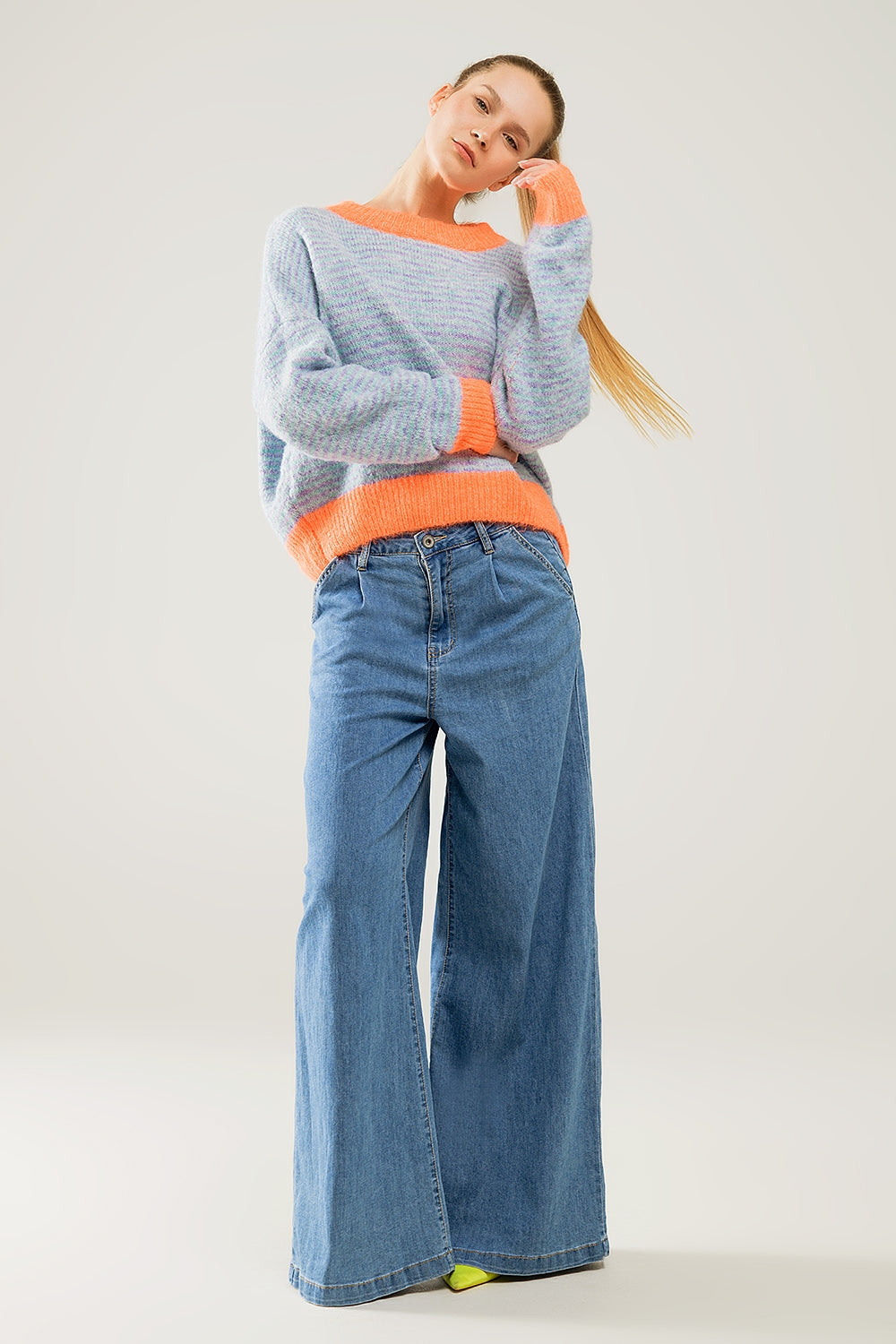 Oversized light blue/orange knit sweater