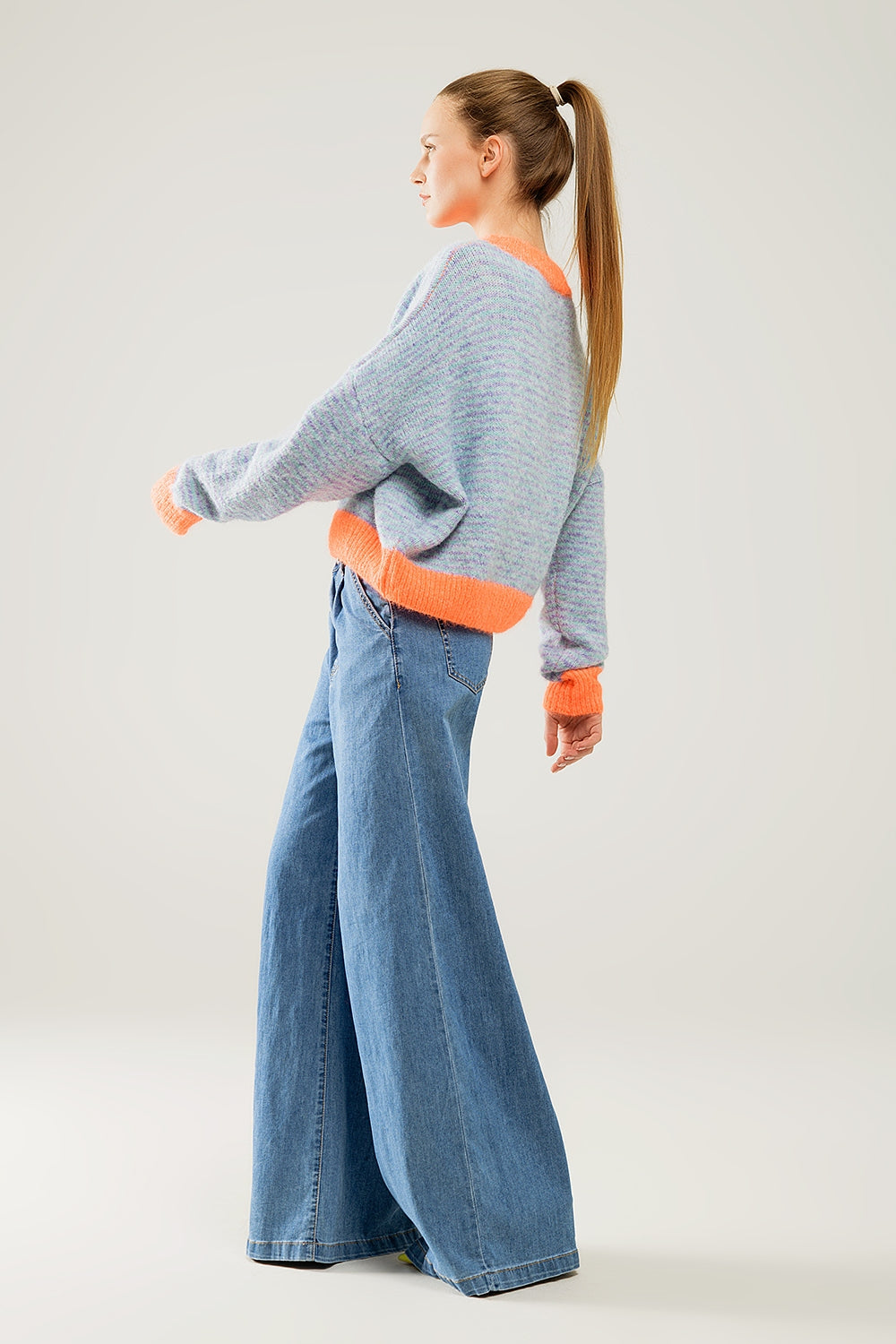 Oversized light blue/orange knit sweater