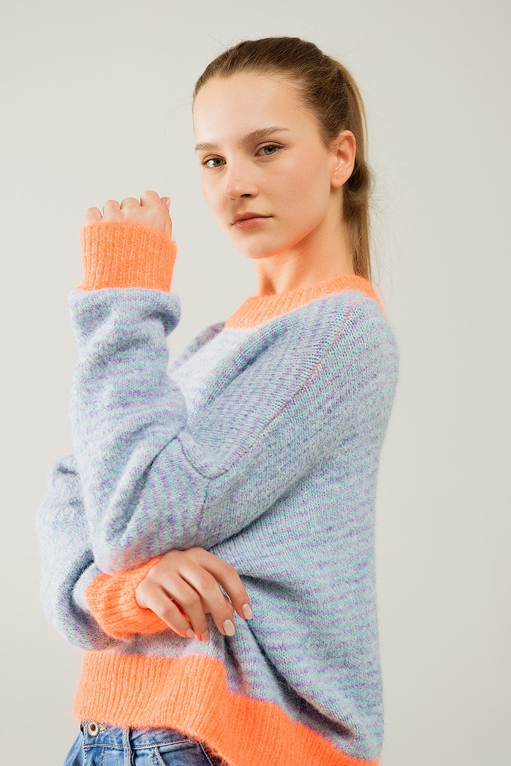 Oversized light blue/orange knit sweater