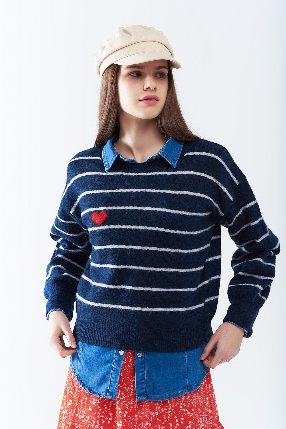 Q2 Blue striped sweater with red heart detail