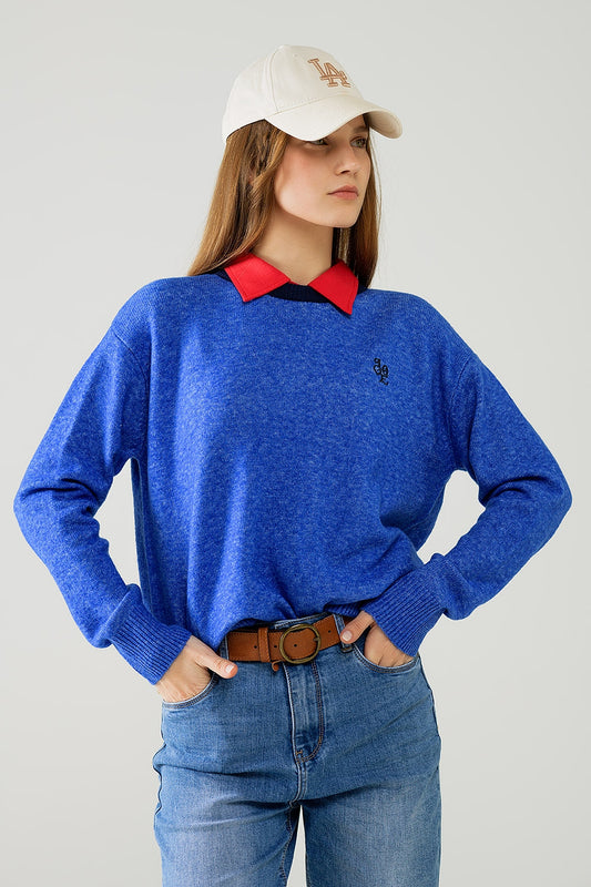 Blue sweater with contrasting collar and love logo on chest