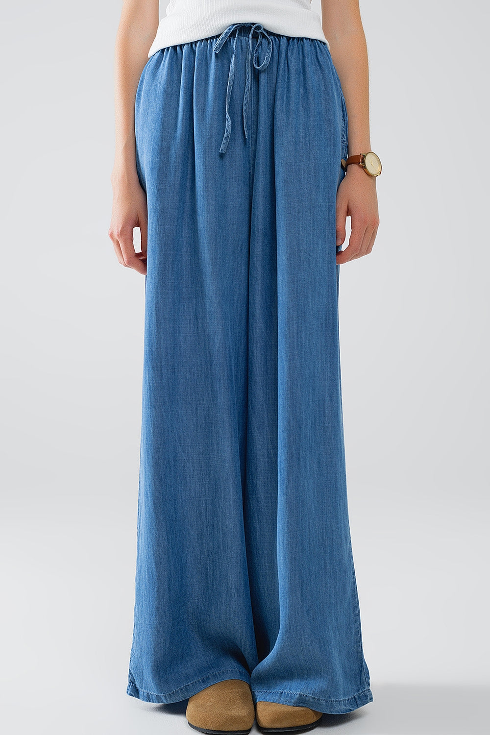 Q2 Blue tencel Denim-Style Wide-Leg Fluid Pants