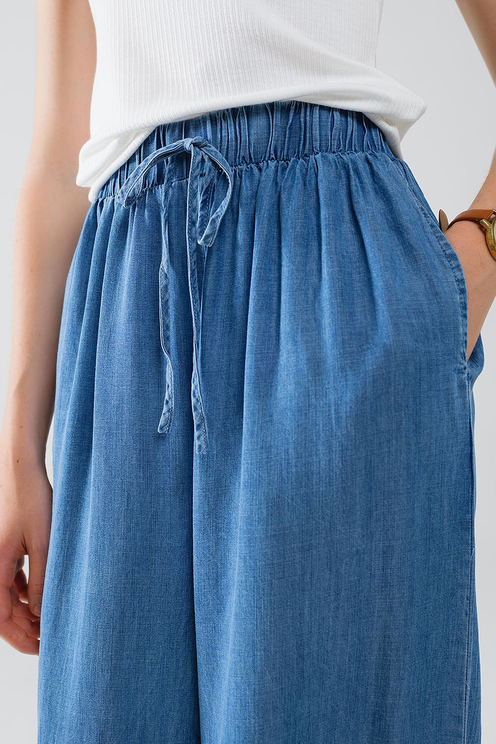 Blue tencel Denim-Style Wide-Leg Fluid Pants