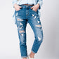 Q2 Blue wash mom jeans bird embroidery