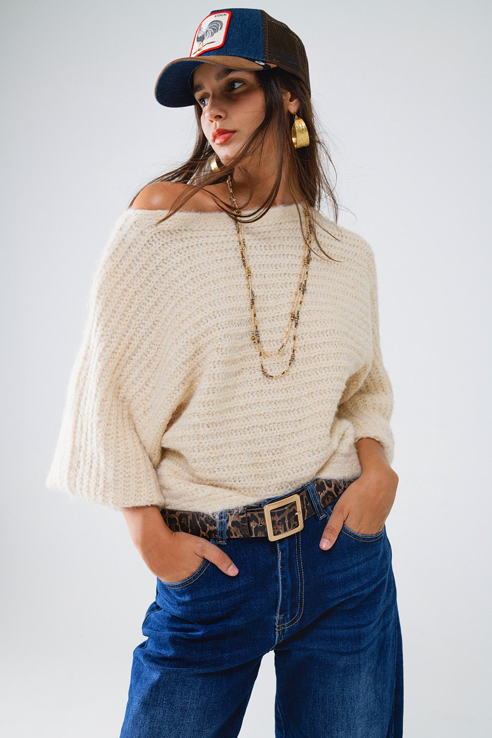 Boat Neck Chunky Rib Sweater in Cream