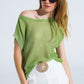 Q2 Boat Neck Ribbed Sweater With Cap Sleeves in Green