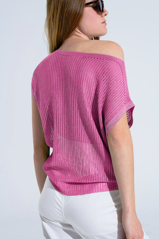 Jersey de canalé con cuello barco y mangas japonesas en rosa