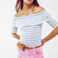 Q2 Boatneck Striped 3/4 Sleeve Shirt in Blue