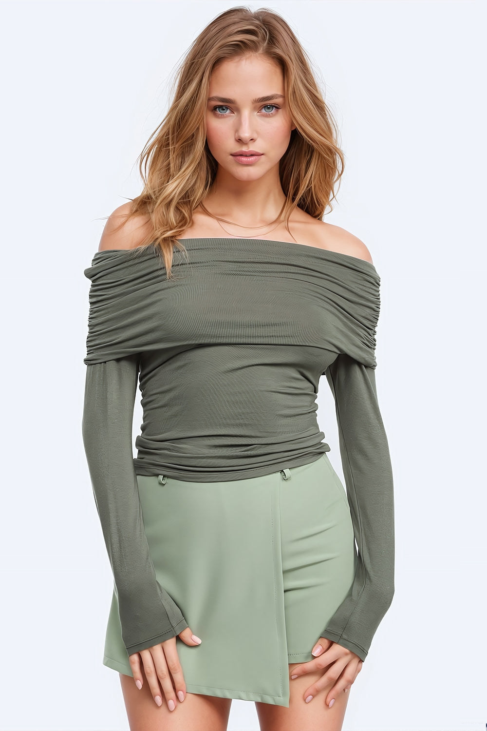 Q2 Bodycon Off Shoulder Top In Green khaki