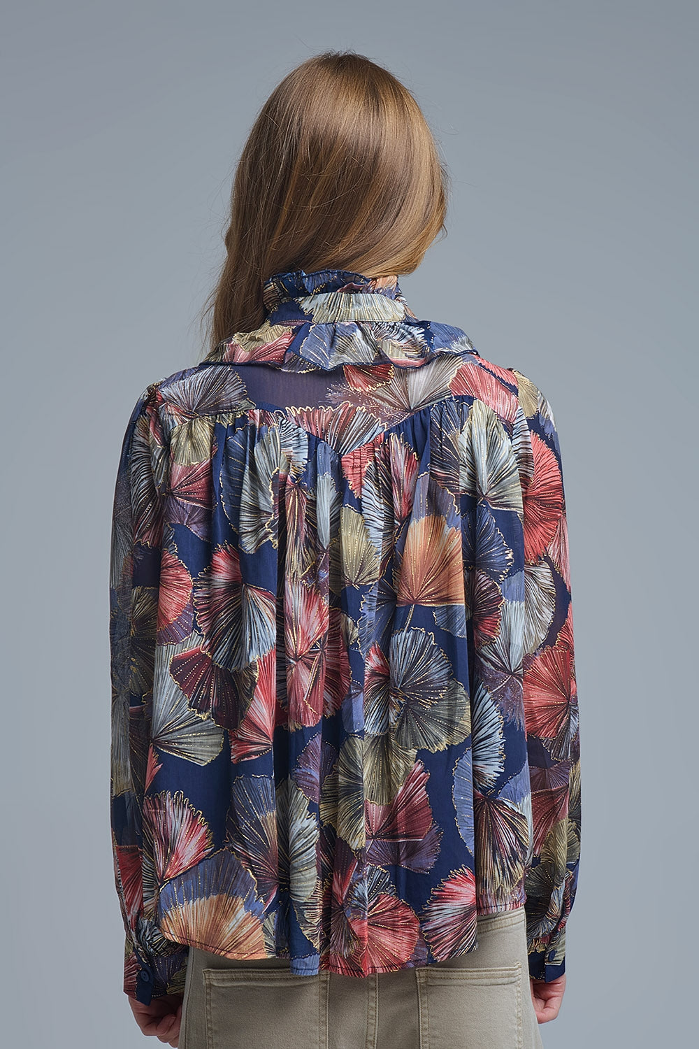 Boho-Chic Printed Ruffle Blouse in Metallic Palms Print